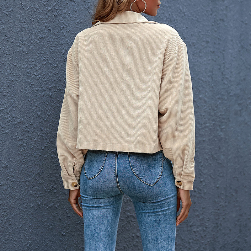 Women's Jacket Beige Cotton Corduroy Short Classic