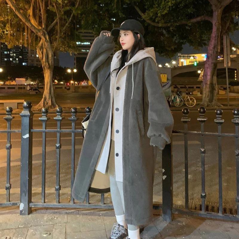 Women's Long Hooded Jacket Grey Polyester Winter Coat