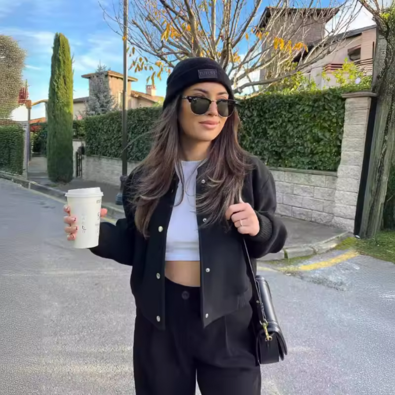 Women's Short Jacket Black Polyester Structured Style