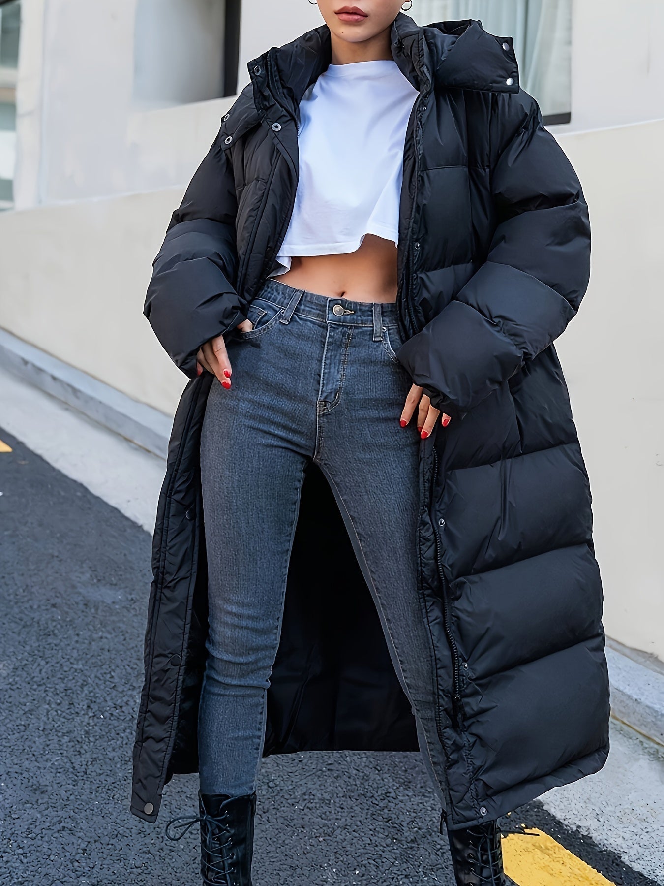 Black Long Puffer Jacket Quilted Women’s Winter Coat