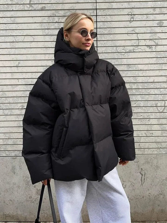 Black Puffer Jacket Women Quilted High Collar Winter Coat