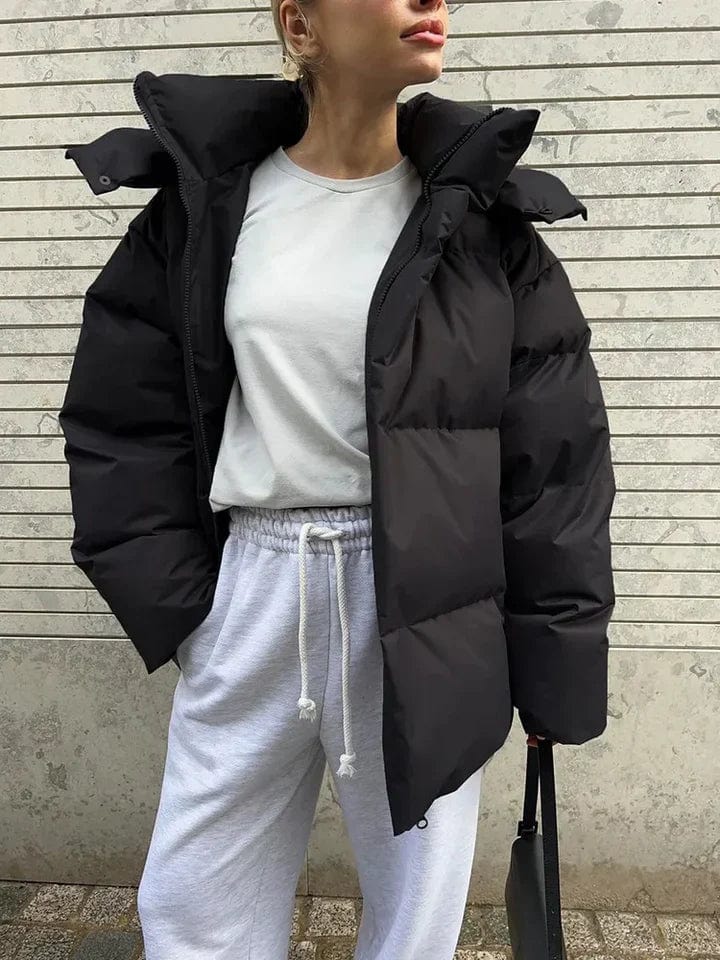 Black Puffer Jacket Women Quilted High Collar Winter Coat