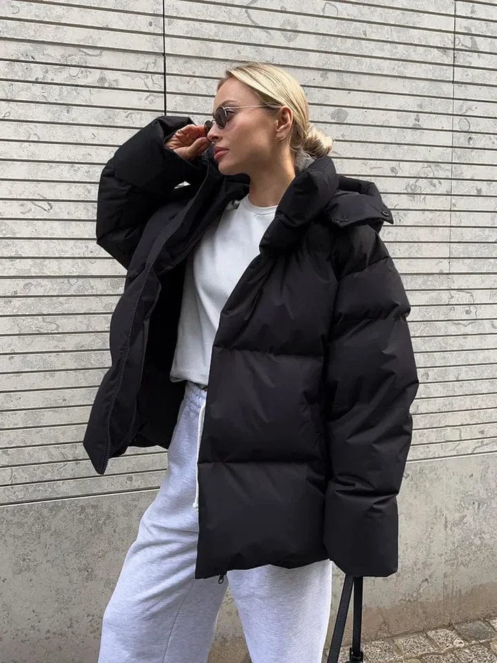 Black Puffer Jacket Women Quilted High Collar Winter Coat