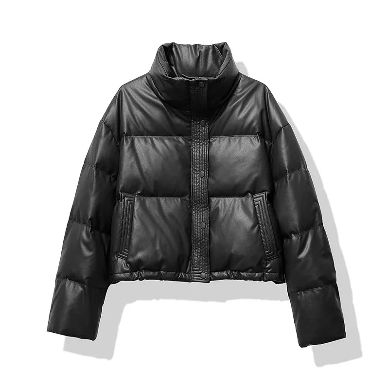 Black Puffer Jacket Women Quilted Mock Neck Winter Coat