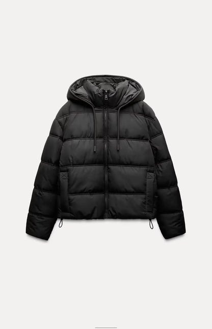 Hooded Black Puffer Jacket Women Quilted Winter Coat