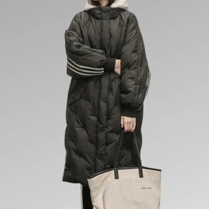 Long Puffer Coat Black Polyester Quilted Winter Coat for Women