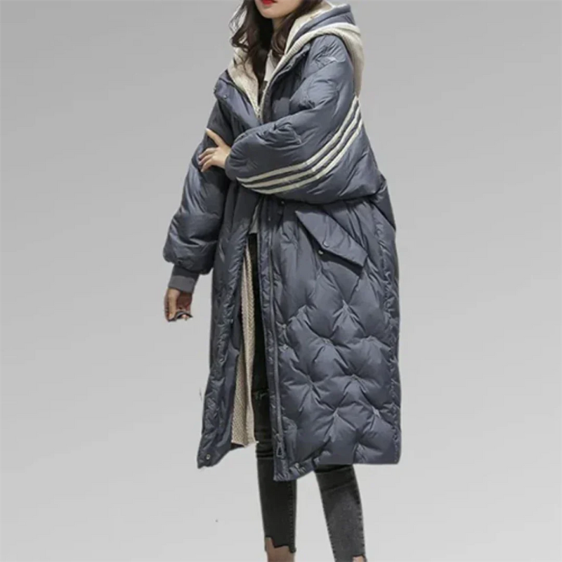 Long Puffer Coat Black Polyester Quilted Winter Coat for Women