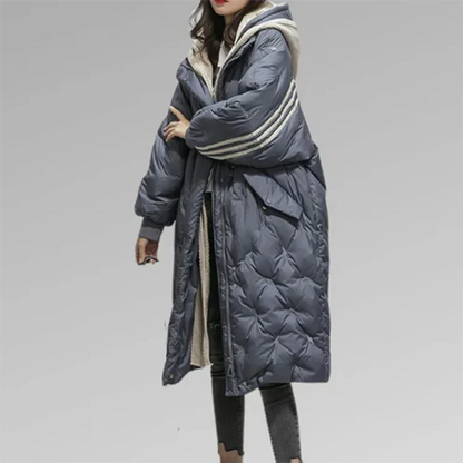 Long Puffer Coat Black Polyester Quilted Winter Coat for Women