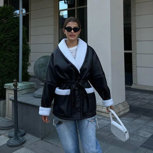 Winter Coat Women Black Polyester Belted Button Closure