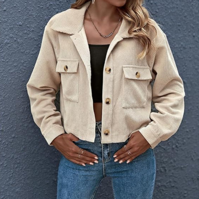 Women's Jacket Beige Cotton Corduroy Short Classic