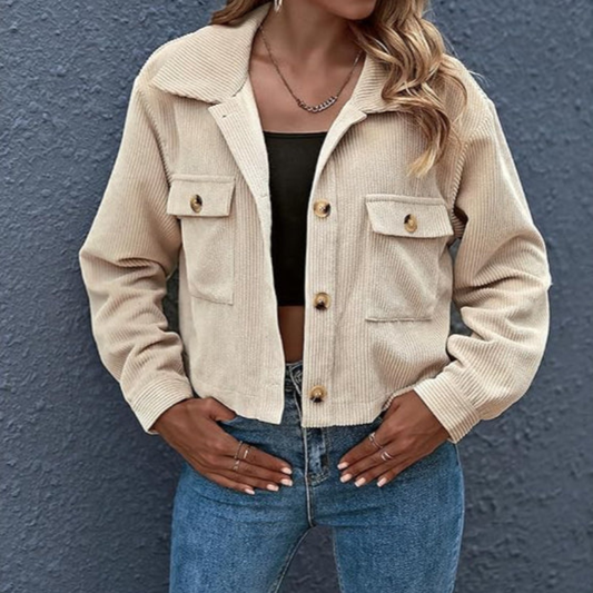 Women's Jacket Beige Cotton Corduroy Short Classic