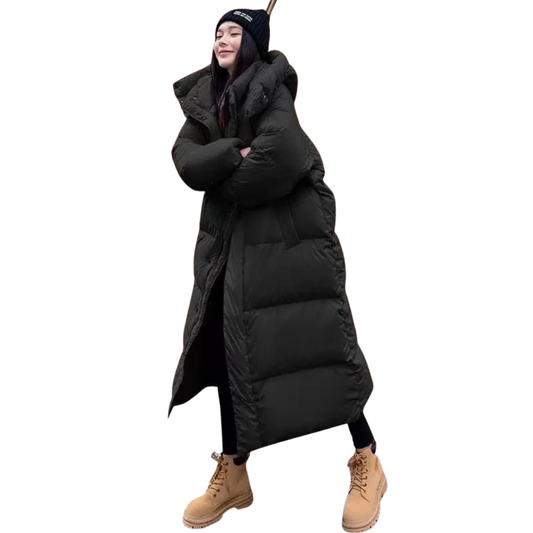 Women's Long Hooded Down Jacket Black Polyester