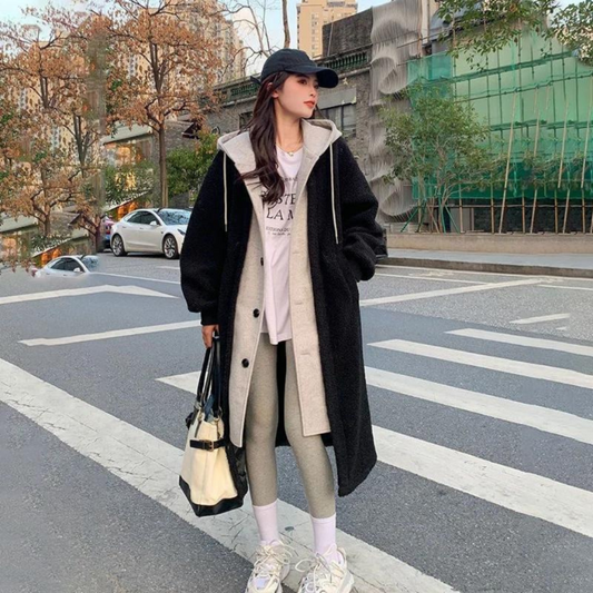 Women's Long Hooded Jacket Grey Polyester Winter Coat
