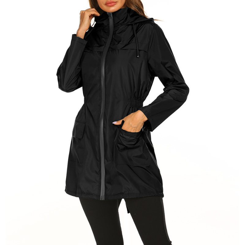 Women's Long Jacket Black Polyester with Hood