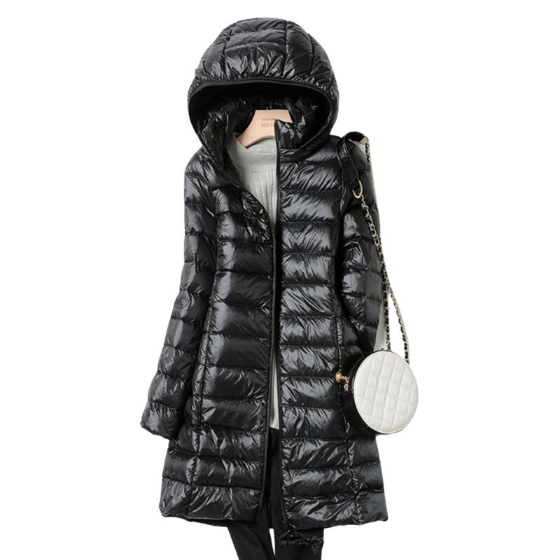 Women's Long Quilted Hooded Jacket Black Polyester