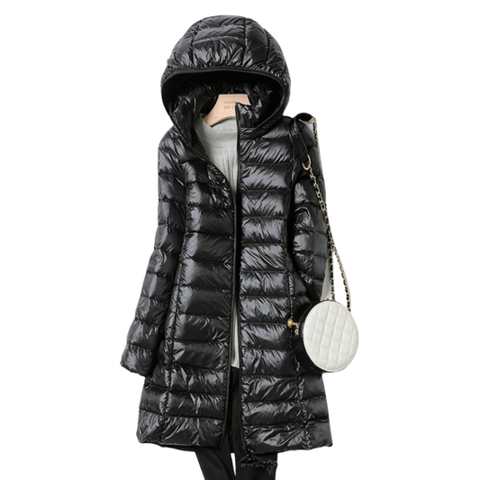 Women's Long Quilted Hooded Jacket Black Polyester