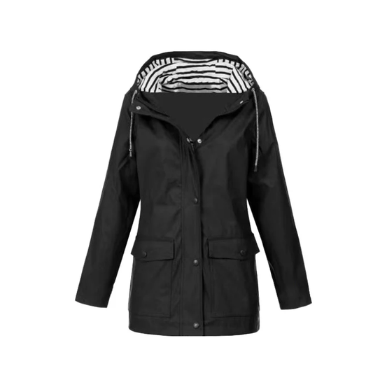 Women's Rain Jacket Black Polyester with Adjustable Hood