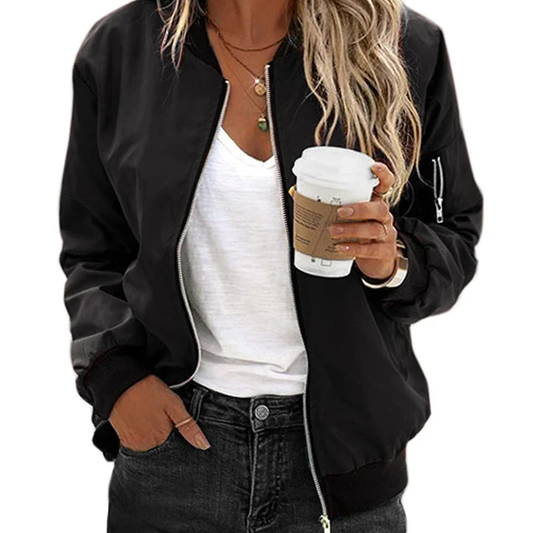 Women's Short Bomber Jacket Black Polyester Blend