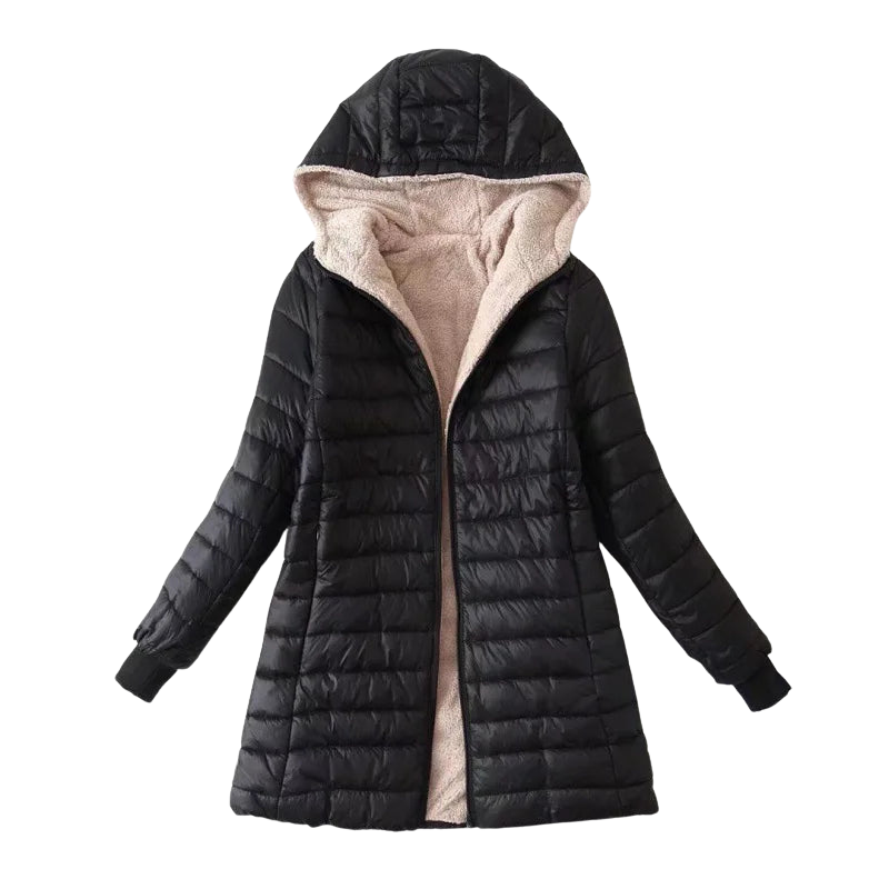 Women's Winter Coat Black Polyester Fleece with Integrated Hood